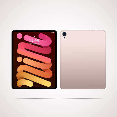 Realistic tablet PC. Vector illustration in trendy thin frame design with front and back side view.のイラスト素材