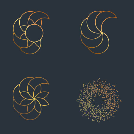 <p>Golden sun sunflower logo on dark background.</p>のイラスト素材