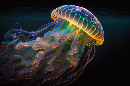 Surreal neon body texture jelly fish, surreal under water background.の素材