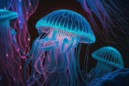 Surreal neon body texture jelly fish, surreal under water background.の素材