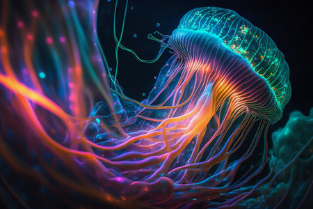 Surreal neon body texture jelly fish, surreal under water background.の素材