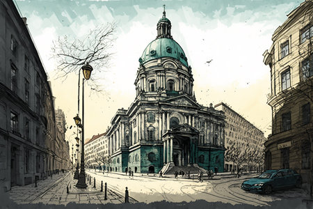 Old city in Berlin drawing with bit of watercolor.の素材