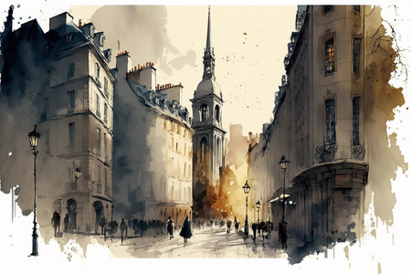 Old city in Paris drawing with bit of watercolor.の素材