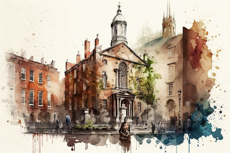 Old town Dublin drawing with bit of watercolor.の素材