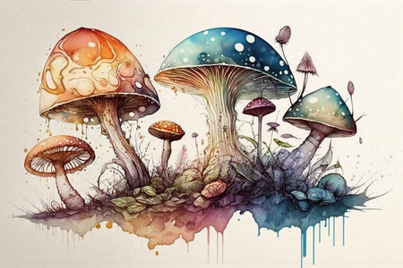 Fantasy mushroom drawing with bit of watercolor.の素材