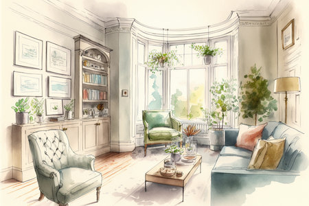 Living room interior drawing with bit of watercolor.の素材