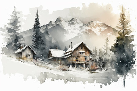 Winter mountain landscape with chalets.の素材