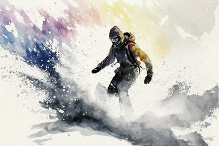 Snowboarder descends in puffy snow from mountain.の素材