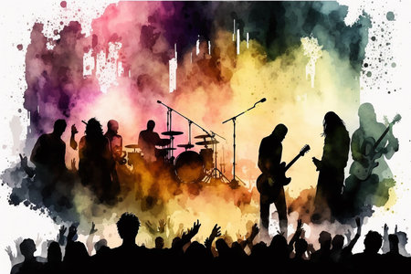 Concert crowd silhouette in front of bright stage lights.の素材