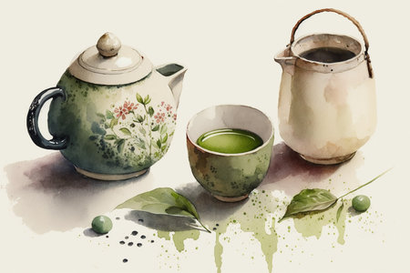 Matcha cups and teapot drawing with bit of watercolor.の素材