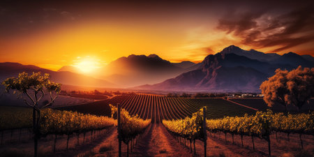 Vineyards against backdrop of mountains sunset.の素材