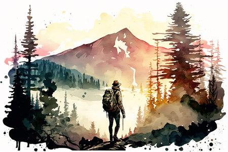 Traveler at forest with mountains view at sunset.の素材