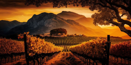 Vineyards against backdrop of mountains sunset.の素材