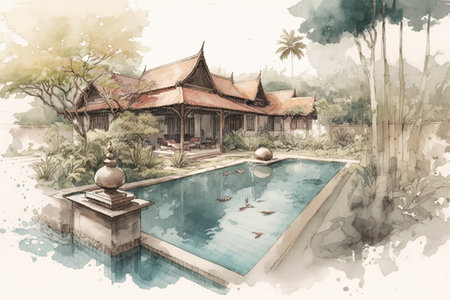 Swimming pool in tropical garden. pool villa.の素材