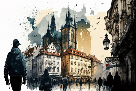 Old town of Prague drawing with bit of watercolor.の素材
