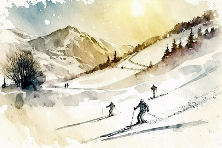 Skiing in mountain winter resort.の素材