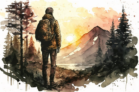 Traveler at forest with mountains view at sunset.の素材