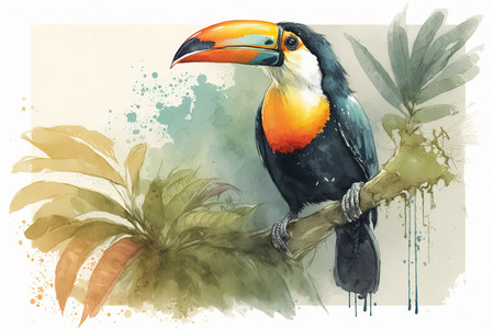 Toucan bird with an orange.の素材