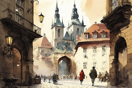 Old town of Prague drawing with bit of watercolor.の素材
