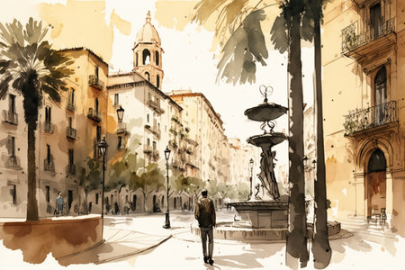 Old city in Barcelona drawing with bit of watercolor.の素材