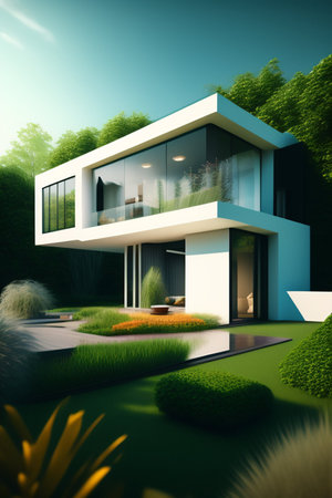 Surreal modern house, lots of greenery and flowers.の素材