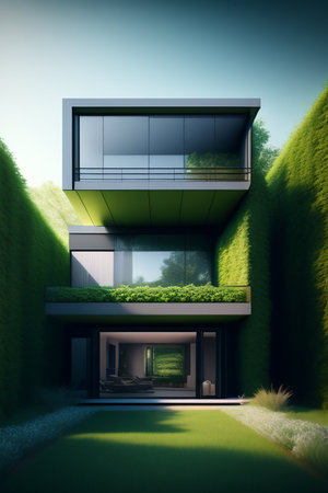 Surreal modern house, lots of greenery and flowers.の素材