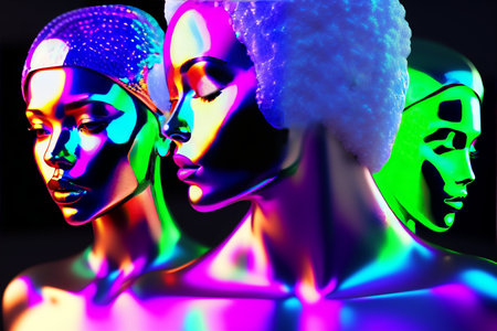 Holographic human robotic head made of glossy iridescent.の素材
