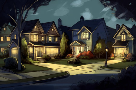 Neighborhood caricature with houses illuminated.の素材