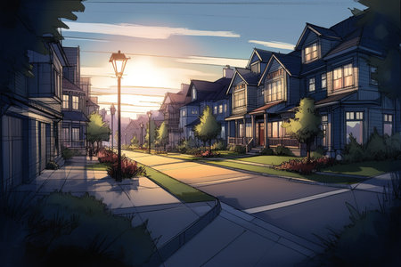 Neighborhood caricature with houses illuminated.の素材