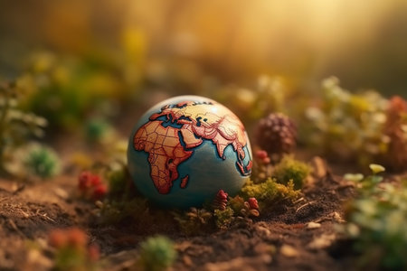 Miniature Earth planet globe mini sphere, globe continents map natural landscape, energy conservation, global world industry, business globalization concept. Earth Day environmental ecology 3D renderの素材
