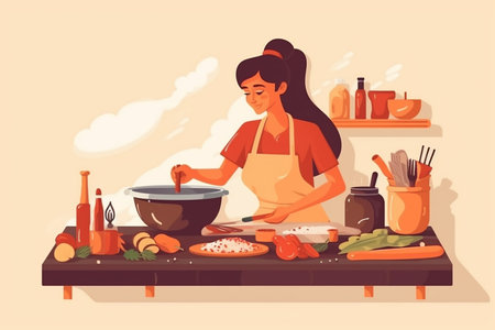 woman cooking. flat design illustration.の素材