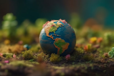 Miniature Earth planet globe mini sphere, globe continents map natural landscape, energy conservation, global world industry, business globalization concept. Earth Day environmental ecology 3D renderの素材
