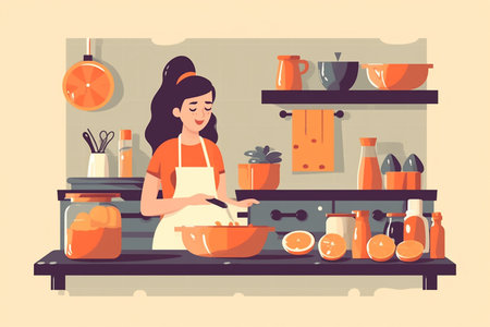 woman cooking. flat design illustration.の素材
