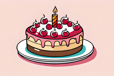 Cake with a candle decorated with berries.の素材