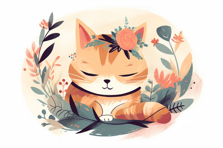 Cute cat, cute boho minimalistic illustrations.の素材