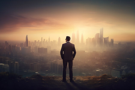 An entrepreneur stands in view of the city skyline in the background.の素材