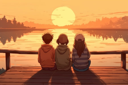 Children sit on bridge by lake against backdrop of beautiful sunset.の素材