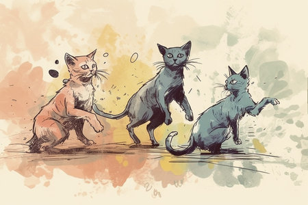 Group of skinny cats playing on street.の素材