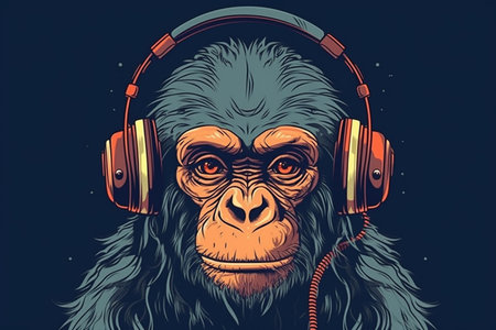 Monkey with headphones listening to music.の素材