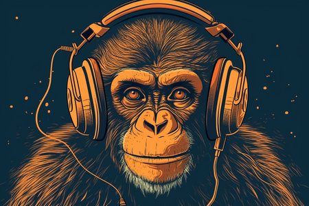 Monkey with headphones listening to music.の素材