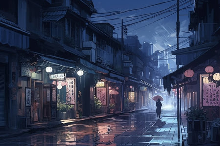 Empty street, shops on both sides, night, moon, one street lamp.の素材