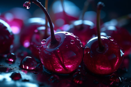 Magenta cherry berry in water drops, whimsical, neon lighting.の素材