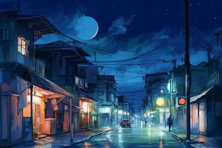 Empty street, shops on both sides, night, moon, one street lamp.の素材