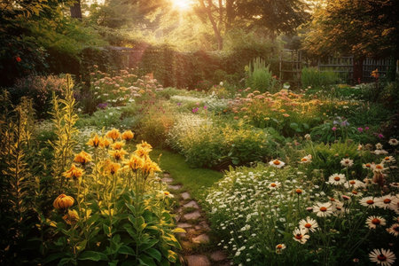 Beautiful garden full of flowers. Sun is shining down on flowers, casting golden light across the garden.の素材