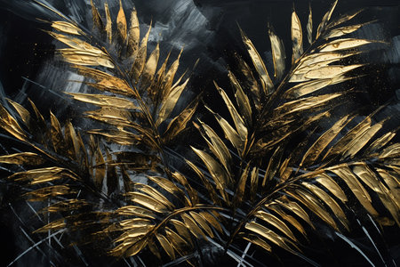 Black and shiny gold palm leaves in black and shiny gold colour.の素材