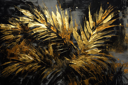 Black and shiny gold palm leaves in black and shiny gold colour.の素材