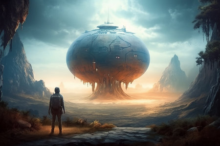 Spaceship lands on distant, alien planet, with stunning landscapes and unfamiliar flora.の素材
