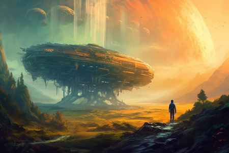 Spaceship lands on distant, alien planet, with stunning landscapes and unfamiliar flora.の素材