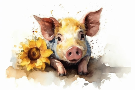 Pig sitting and holding sunflower in its mouth.の素材