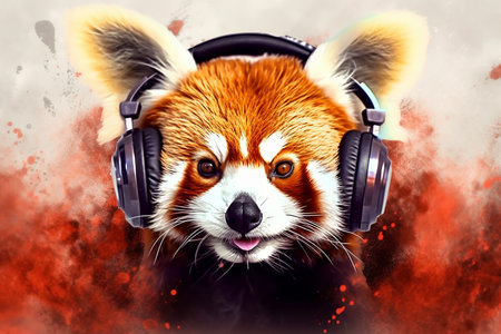 Red panda with headphones on his ears.の素材